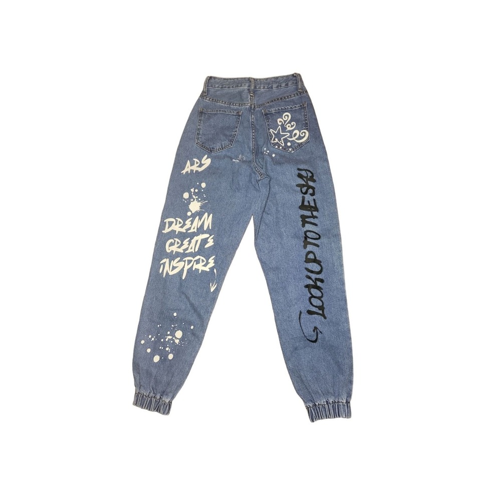 S.O.N.G Joggers Women Sz 00 /‎ 23 Graffiti Print Ultra Hi- Rise Baggy Blue Denim
